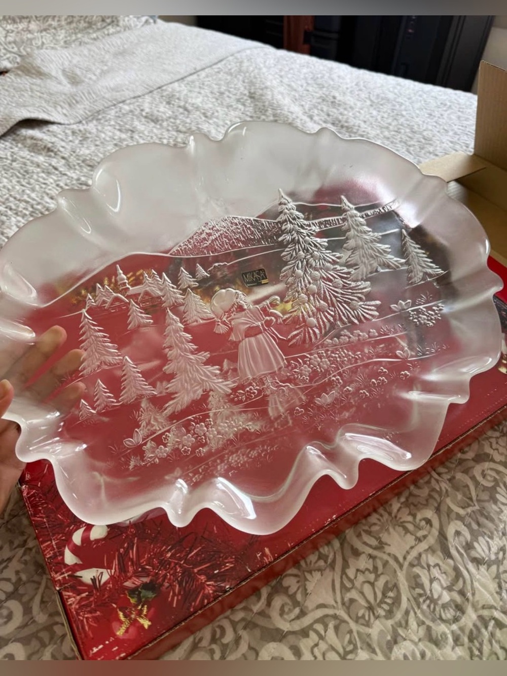 Mikasa Frosted Glass Holiday Serving Platter with Winter Tree Scene
